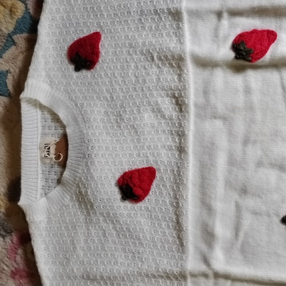 White Pointelle Knit Sweater with Red Strawberry 🍓 Design New!♥️HP♥️ - Picture 2 of 12